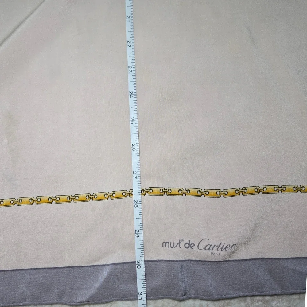 Must de Cartier Paris Silk Scarf Pink Grey Gold Chain Link Logo Square 31x31